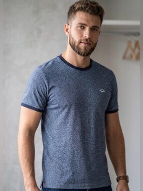 Shark Navy Heather Crewneck Short Sleeve Tee with Contrast Trim